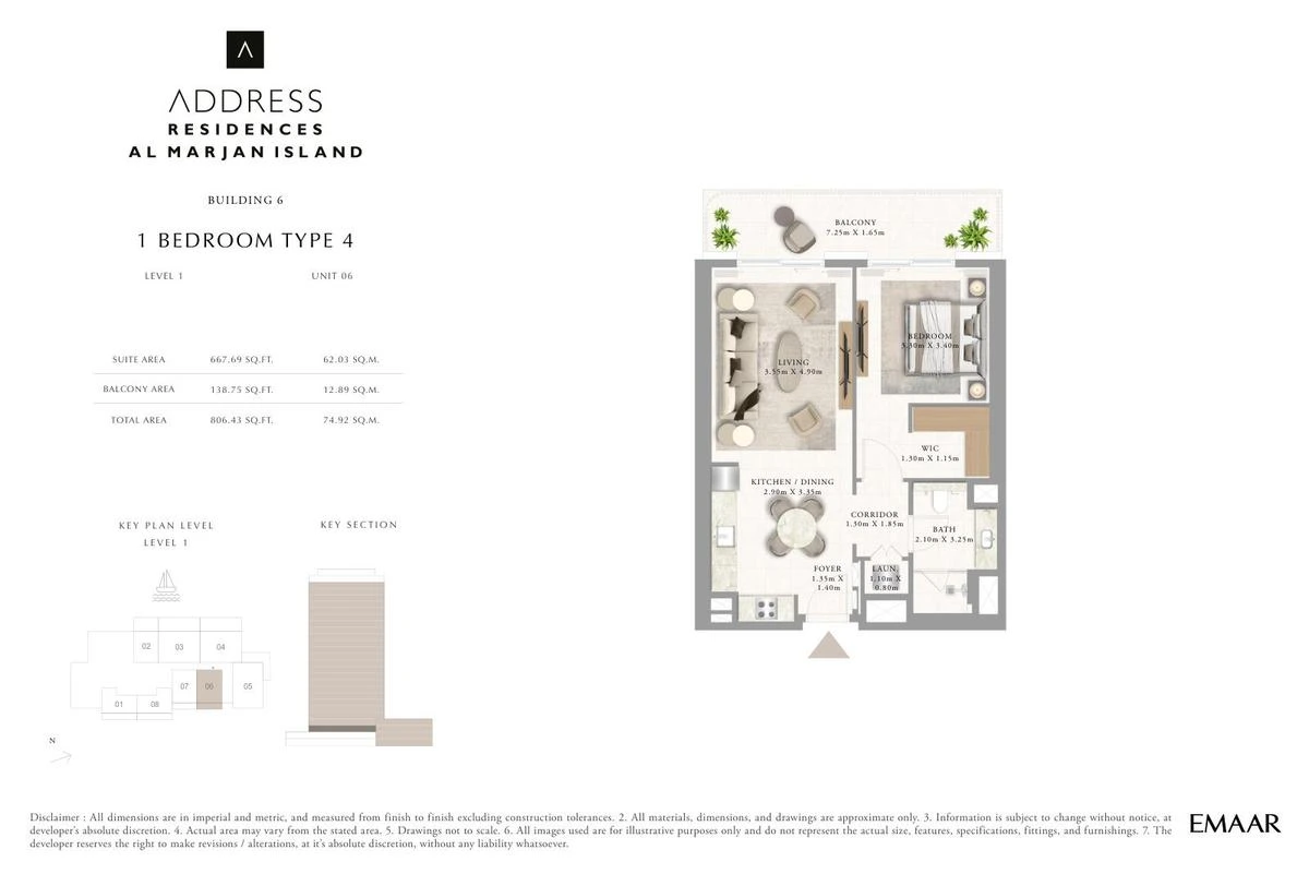 Address Residences Al Marjan Island 1-bedroom Type 4 apartment Level 1 floor plan in Building 6, 806.43 sq ft.