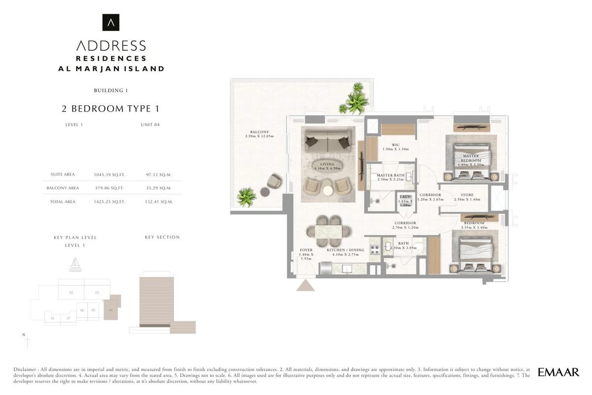 Address Residences Al Marjan Island 2-bedroom Type 1 apartment Level 1 floor plan in Building 1, 1,425.25 sq ft.