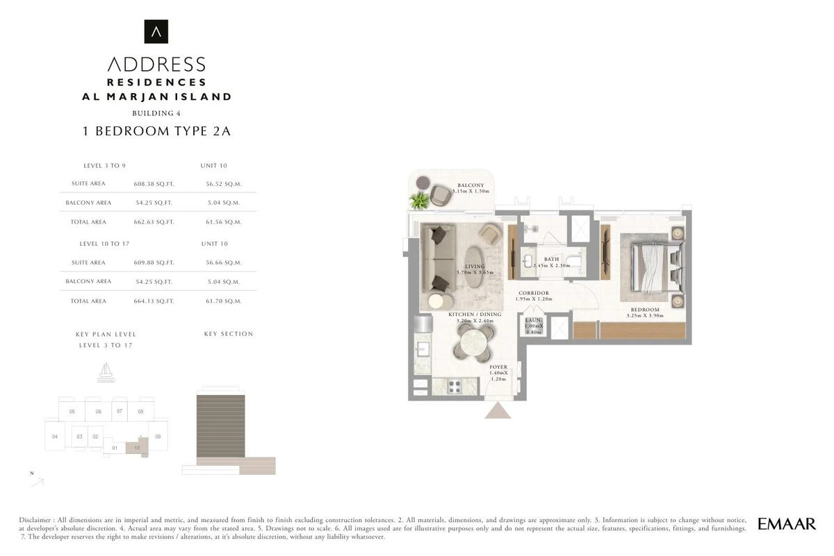 Address Residences Al Marjan Island 1-bedroom Type 2A apartment Levels 3 to 9 and 10 to 17 floor plan in Building 4, 662.63-664.13 sq ft.