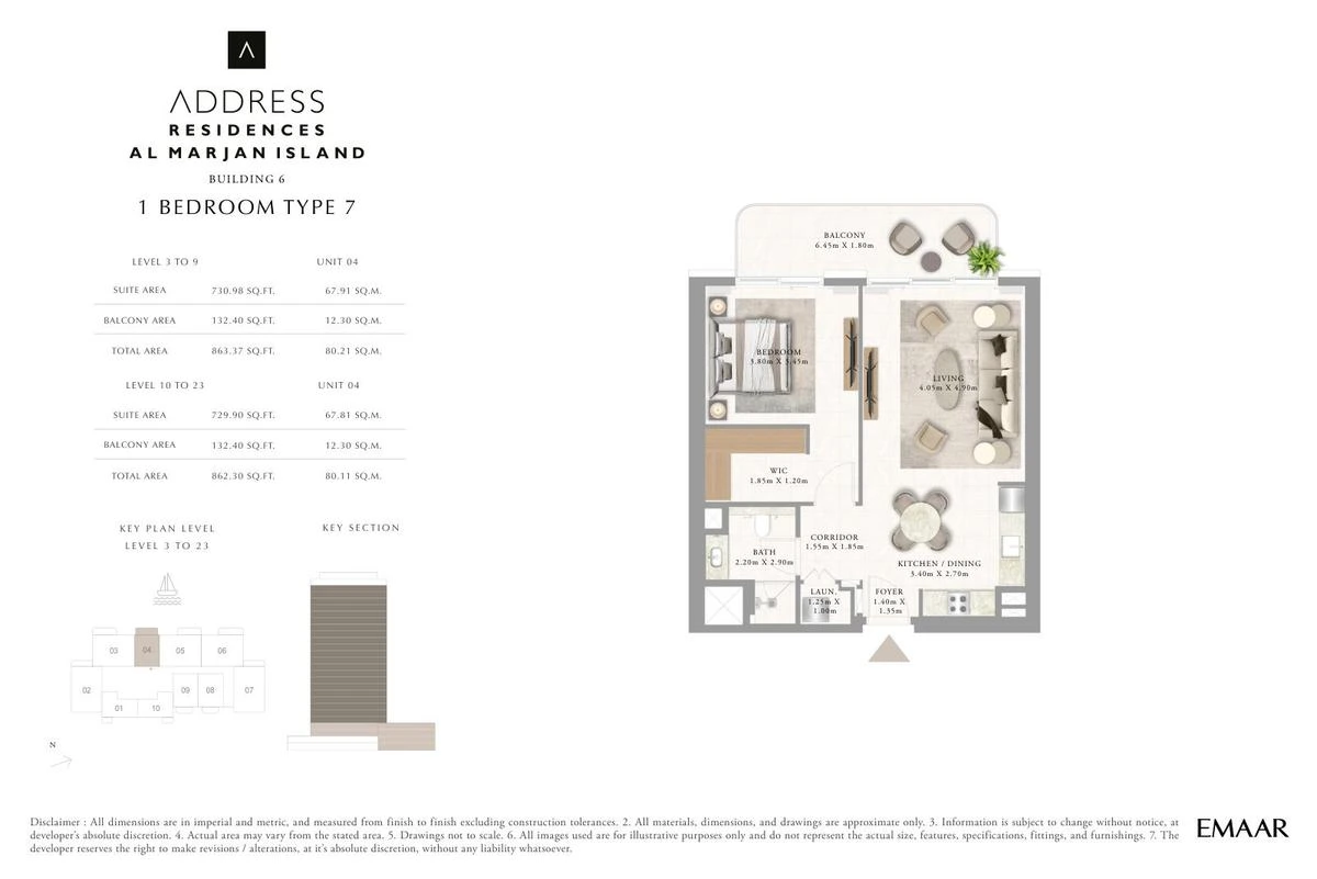 Address Residences Al Marjan Island 1-bedroom Type 7 apartment Levels 3 to 9 and 10 to 23 floor plan in Building 6, 862.30-863.37 sq ft.