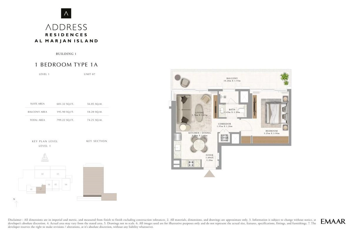 Address Residences Al Marjan Island 1-bedroom Type 1A apartment Level 1 floor plan in Building 1, 799.22 sq ft.