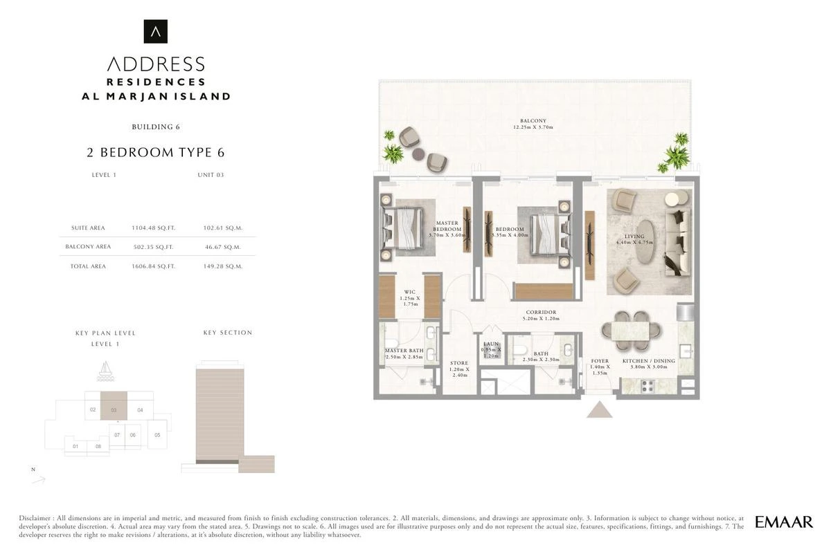 Address Residences Al Marjan Island 2-bedroom Type 6 apartment Level 1 floor plan in Building 6, 1,606.84 sq ft.