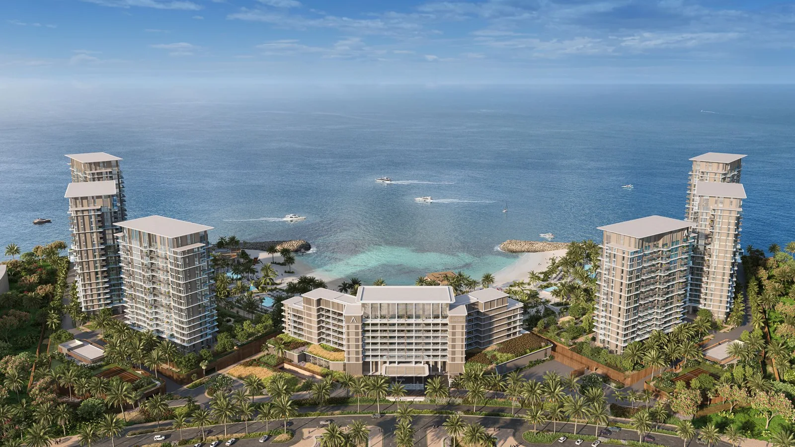Aerial view of Address Residences Al Marjan Island towers, hotel and beach