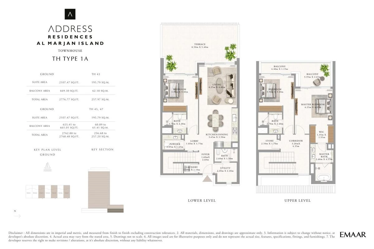 Address Residences Al Marjan Island 3-bedroom Type 1A townhouse floor plan for Townhouses D TH43, TH45 and TH47, Ground and First Floors, 2,762.88-2,776.77 sq ft.