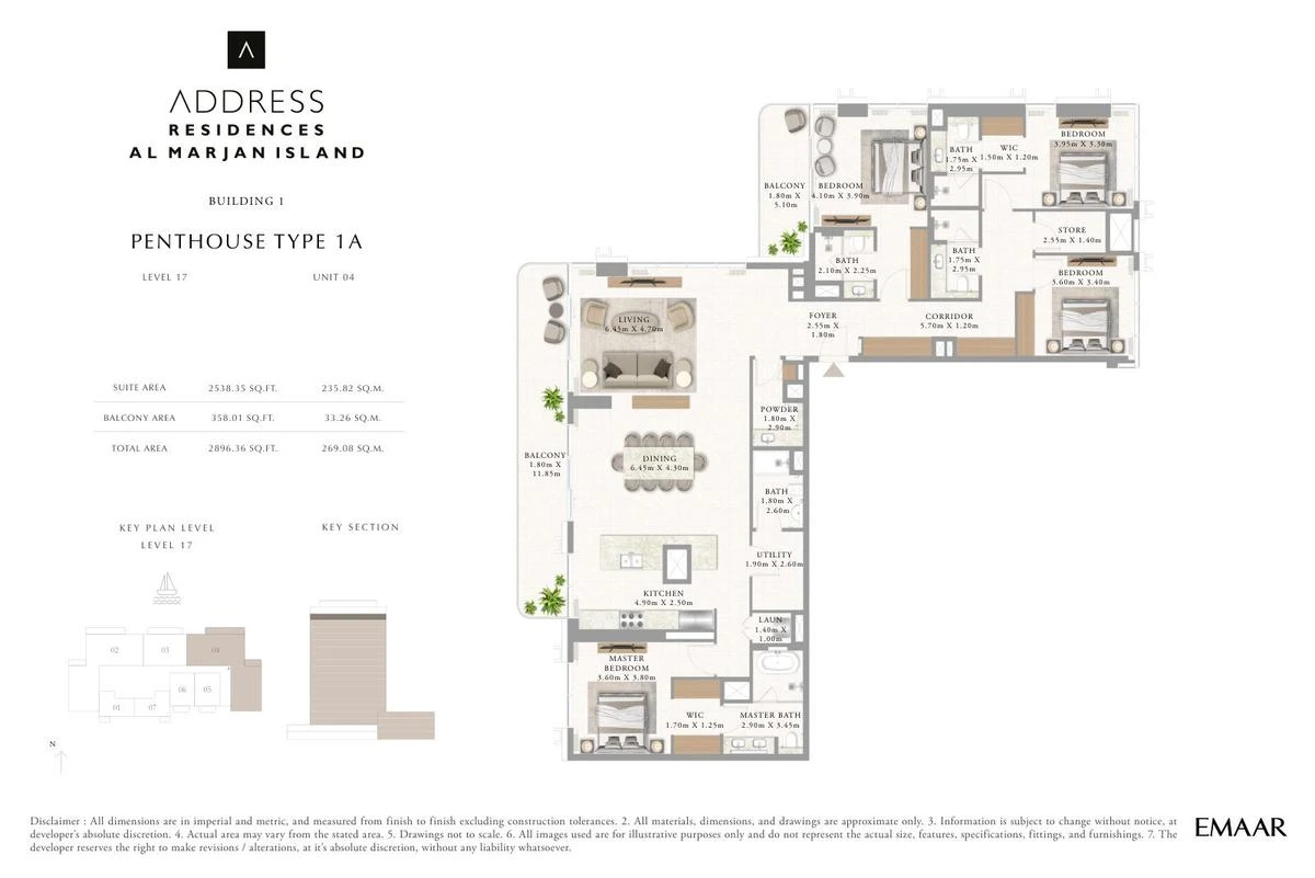 Address Residences Al Marjan Island 4-bedroom Penthouse Type 1A apartment Level 17 floor plan in Building 1, 2,896.36 sq ft.