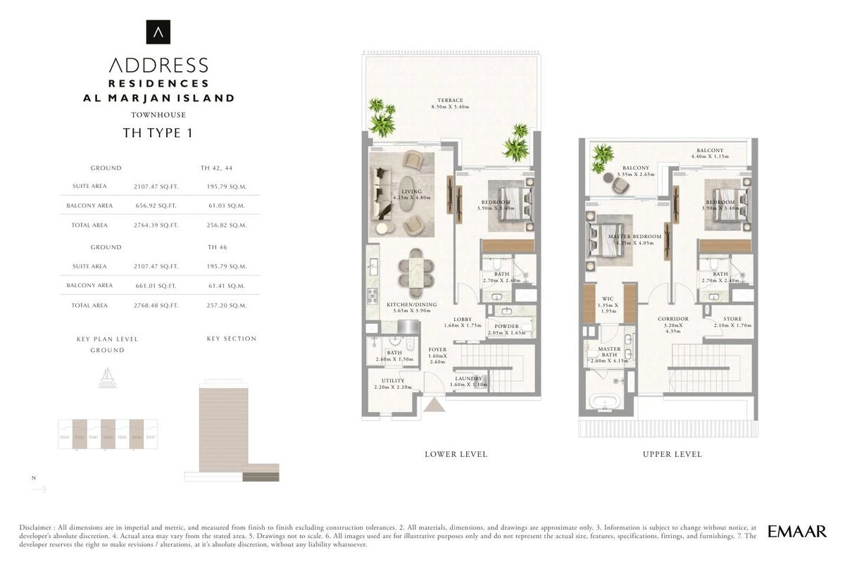 Address Residences Al Marjan Island 3-bedroom Type 1 townhouse floor plan for Townhouses D TH42, TH44 and TH46, Ground and First Floors, 2,764.39-2,768.48 sq ft.