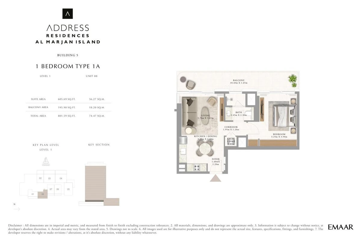Address Residences Al Marjan Island 1-bedroom Type 1A apartment Level 1 floor plan in Building 5, 801.59 sq ft.