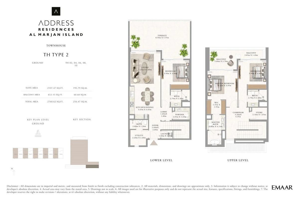 Address Residences Al Marjan Island 3-bedroom Type 2 townhouse floor plan for Townhouses A TH02, TH04, TH06, TH08 and TH10, Ground and First Floors, 2,760.62 sq ft.