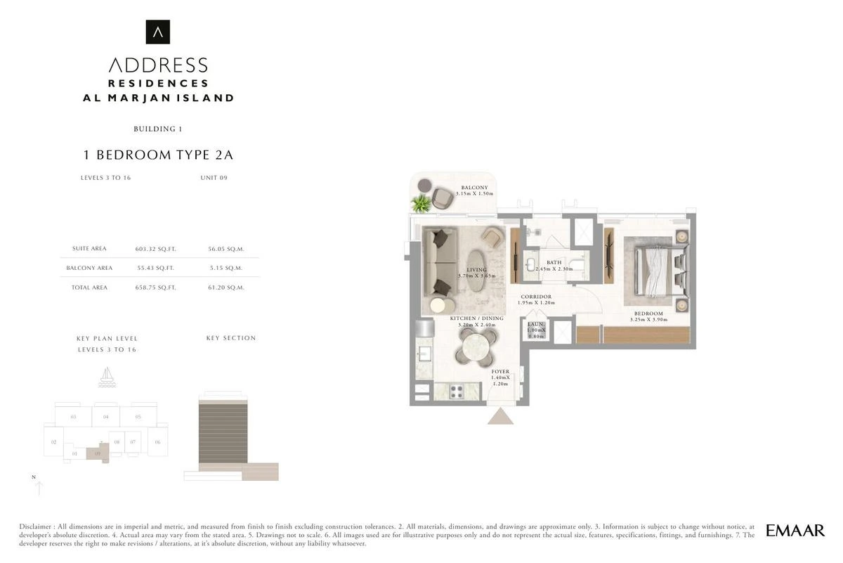 Address Residences Al Marjan Island 1-bedroom Type 2A apartment Level 3 to 16 floor plan in Building 1, 658.75 sq ft.