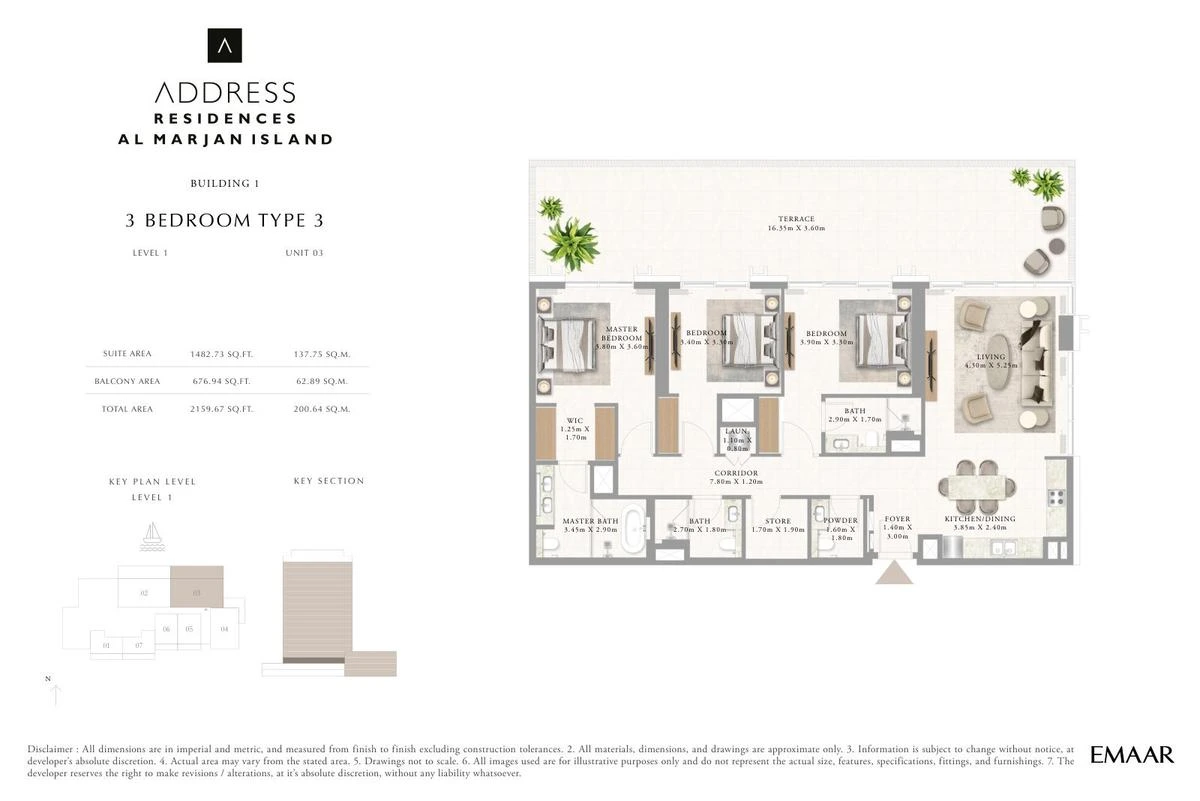 Address Residences Al Marjan Island 3-bedroom Type 3 apartment Level 1 floor plan in Building 1, 2,159.67 sq ft.