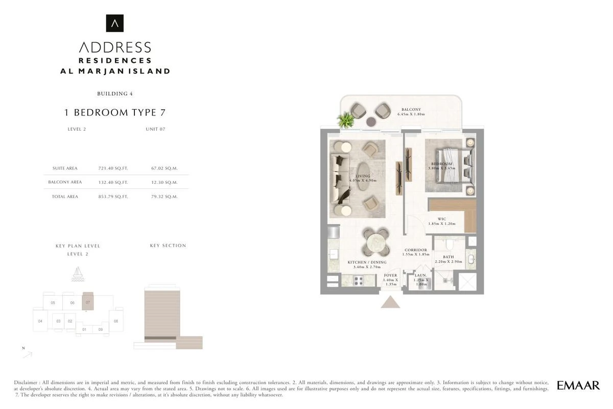 Address Residences Al Marjan Island 1-bedroom Type 7 apartment Level 2 floor plan in Building 4, 853.79 sq ft.