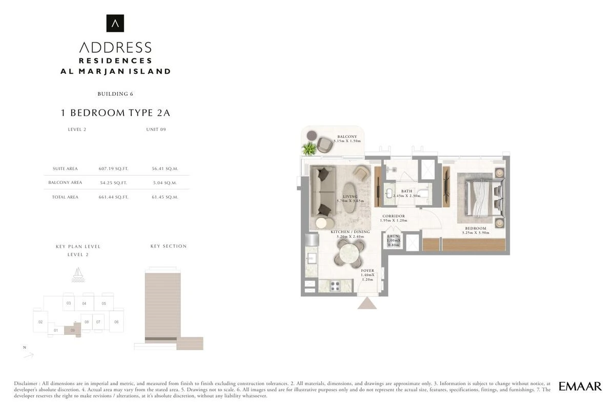 Address Residences Al Marjan Island 1-bedroom Type 2A apartment Level 2 floor plan in Building 6, 661.44 sq ft.