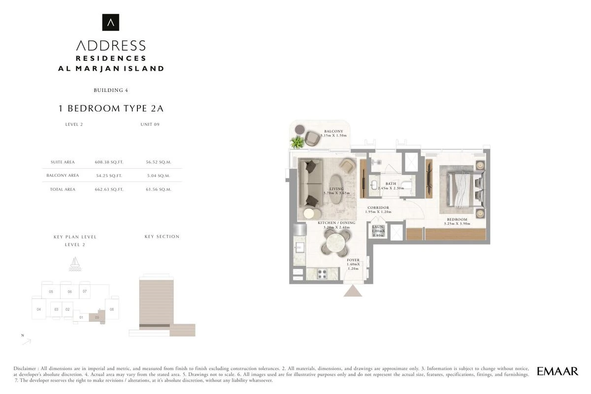 Address Residences Al Marjan Island 1-bedroom Type 2A apartment Level 2 floor plan in Building 4, 662.63 sq ft.