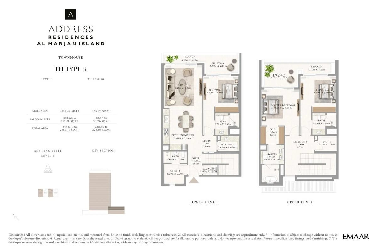 Address Residences Al Marjan Island 3-bedroom Type 3 townhouse floor plan for Townhouses B TH28 and TH30, Ground and First Floors, 2,459.13-2,465.48 sq ft.