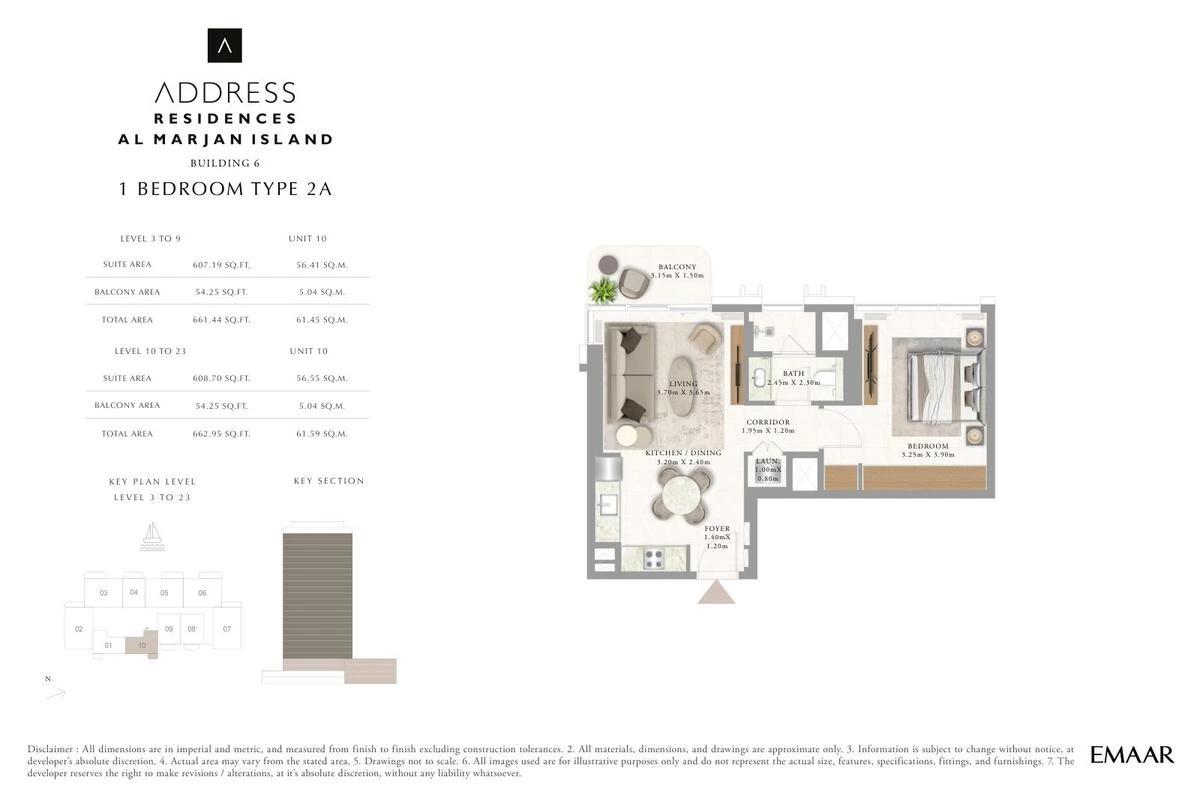 Address Residences Al Marjan Island 1-bedroom Type 2A apartment Levels 3 to 9 and 10 to 23 floor plan in Building 6, 661.44-662.95 sq ft.