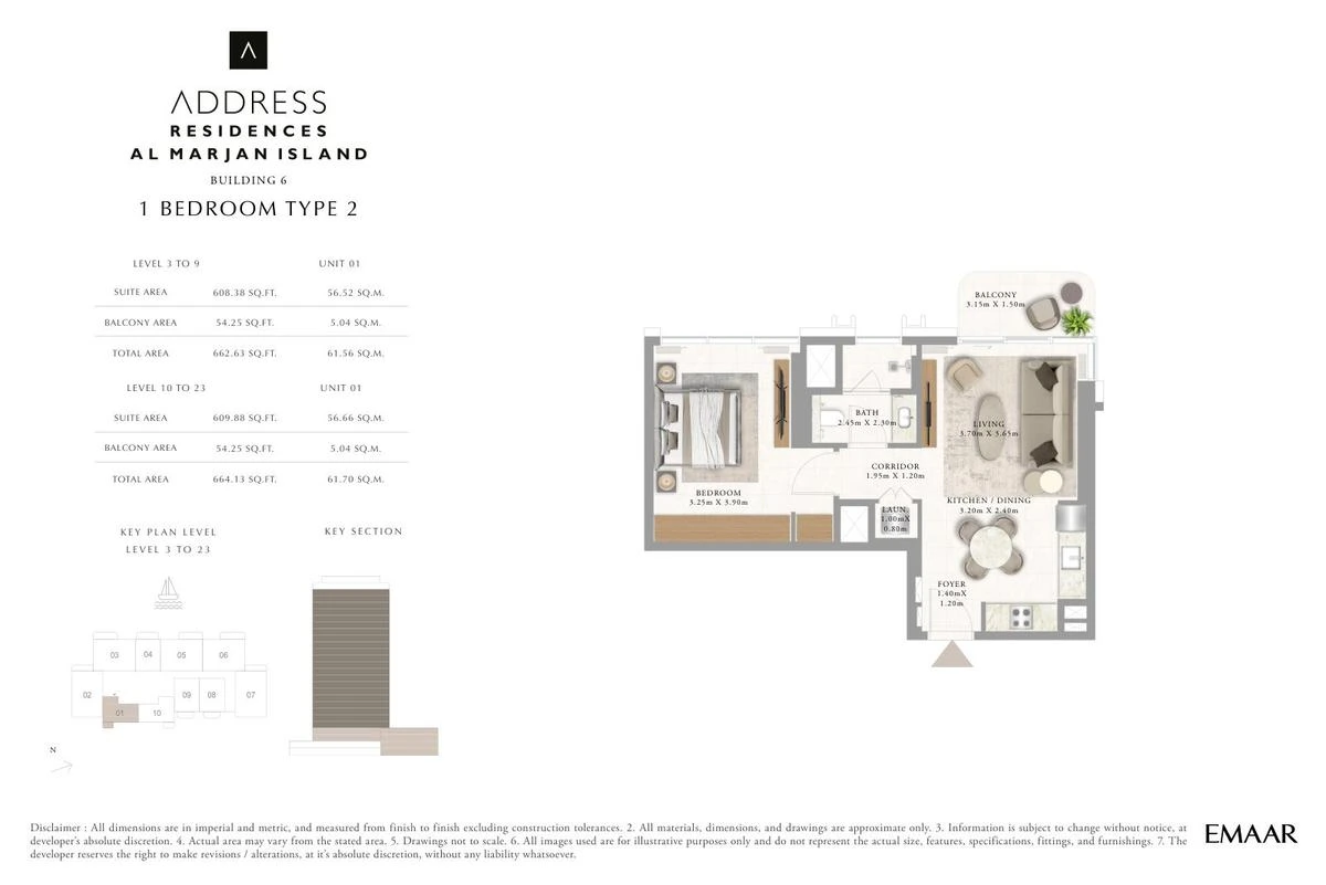 Address Residences Al Marjan Island 1-bedroom Type 2 apartment Levels 3 to 9 and 10 to 23 floor plan in Building 6, 662.63-664.13 sq ft.