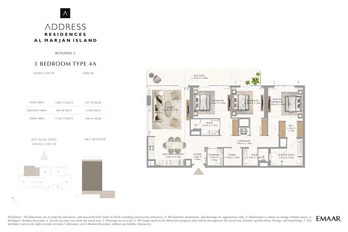 Address Residences Al Marjan Island 3-bedroom Type 4A apartment Level 3 to 19 floor plan in Building 2, 1,728.79 sq ft.