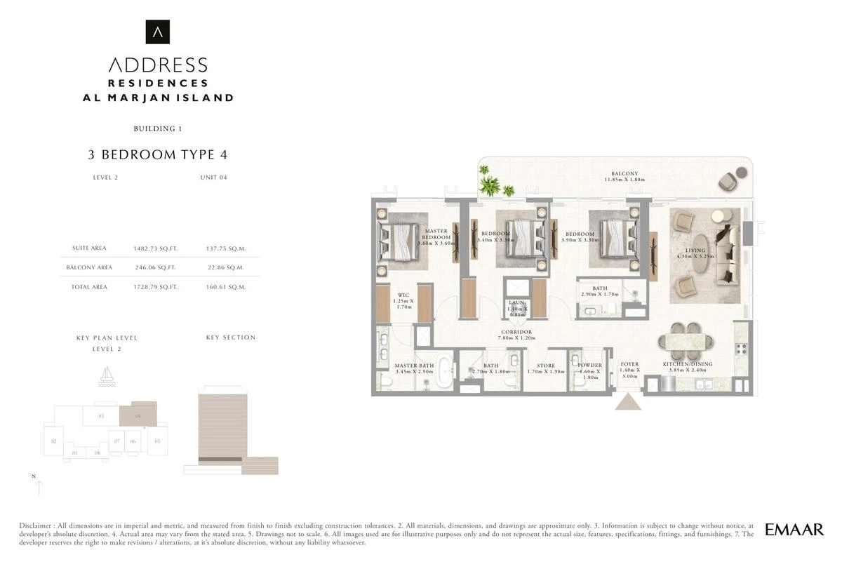 Address Residences Al Marjan Island 3-bedroom Type 4 apartment Level 2 floor plan in Building 1, 1,728.79 sq ft.