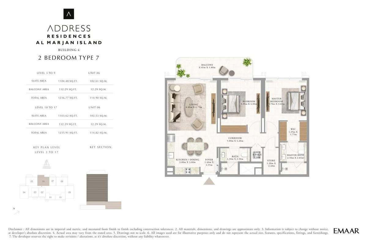 Address Residences Al Marjan Island 2-bedroom Type 7 apartment Levels 3 to 9 and 10 to 17 floor plan in Building 4, 1,235.91-1,236.77 sq ft.
