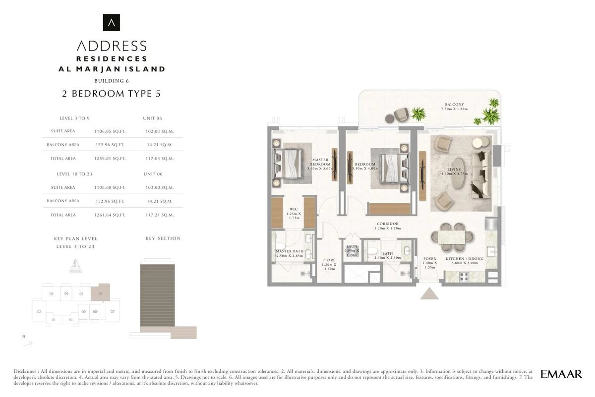 Address Residences Al Marjan Island 2-bedroom Type 5 apartment Levels 3 to 9 and 10 to 23 floor plan in Building 6, 1,259.81-1,261.64 sq ft.