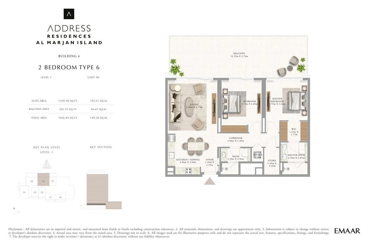 Address Residences Al Marjan Island 2-bedroom Type 6 apartment Level 1 floor plan in Building 4, 1,606.84 sq ft.