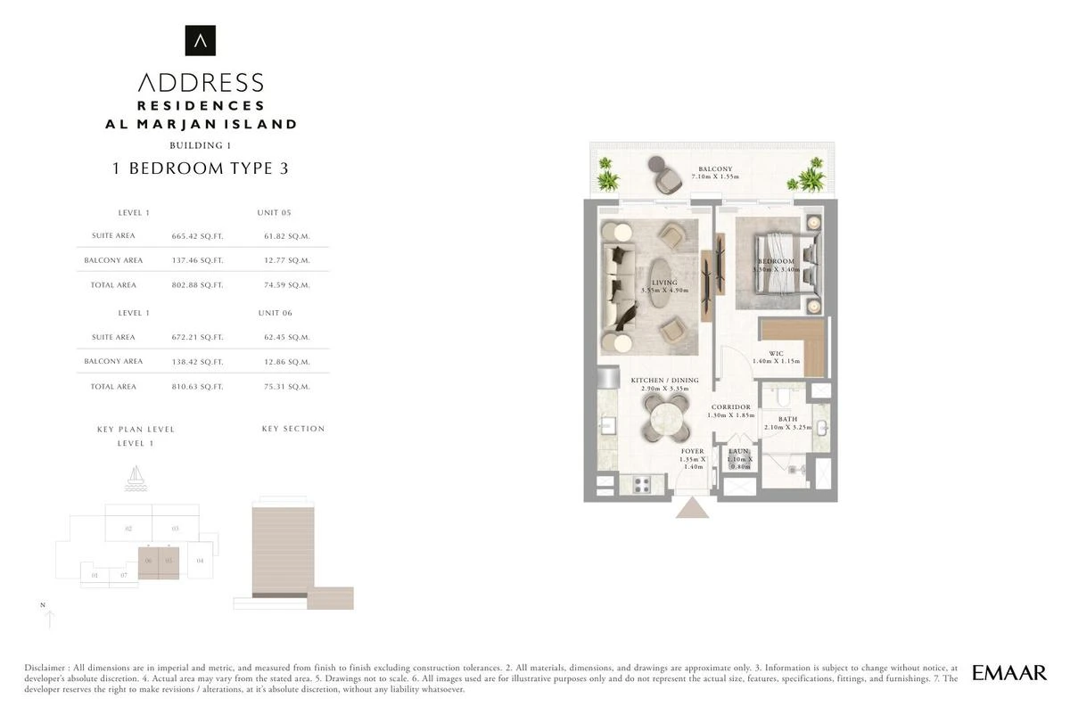 Address Residences Al Marjan Island 1-bedroom Type 3 apartment Level 1 floor plan in Building 1, 802.88-810.63 sq ft.