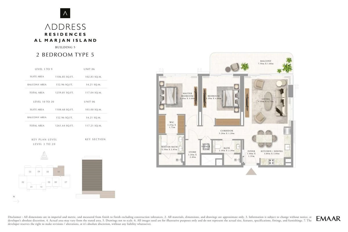 Address Residences Al Marjan Island 2-bedroom Type 5 apartment Levels 3 to 9 and 10 to 20 floor plan in Building 5, 1,259.81-1,261.64 sq ft.