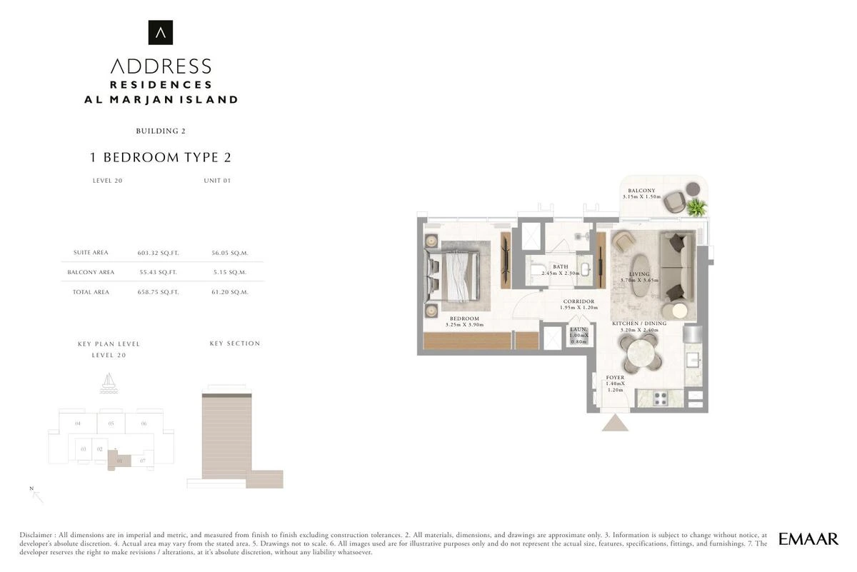 Address Residences Al Marjan Island 1-bedroom Type 2 apartment Level 20 floor plan in Building 2, 658.75 sq ft.