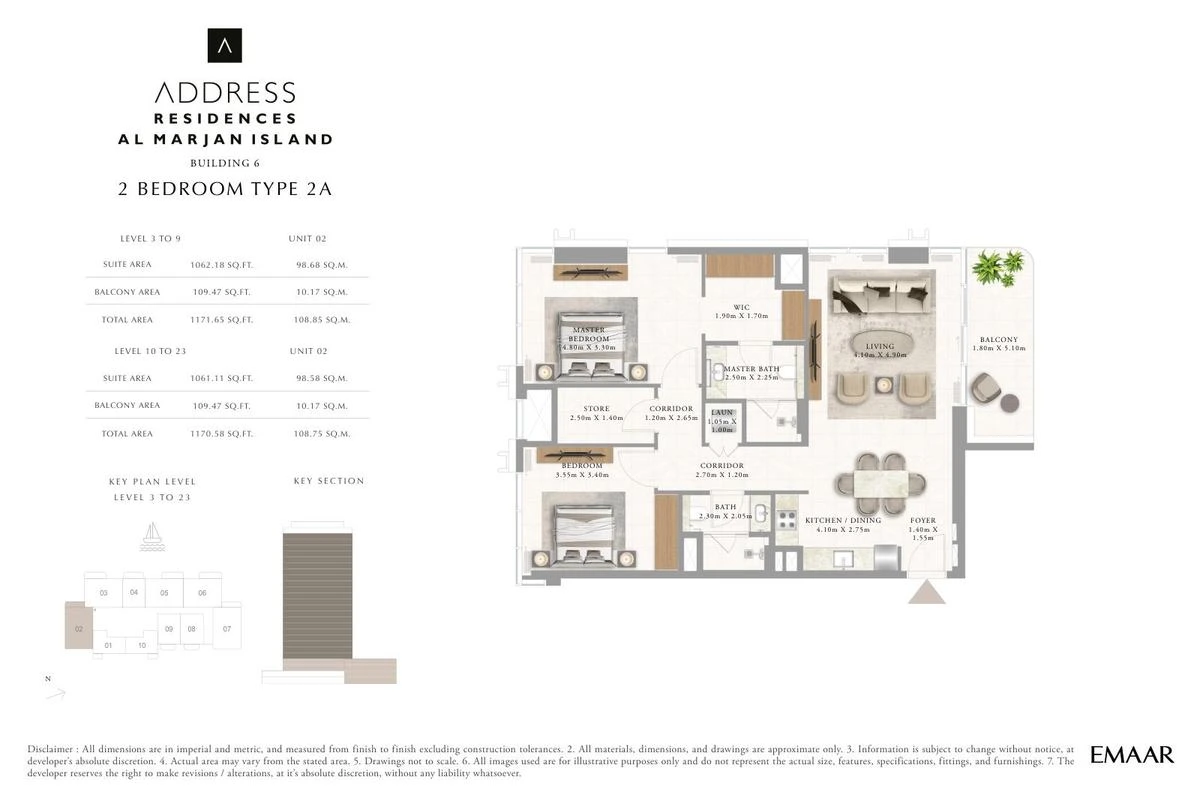 Address Residences Al Marjan Island 2-bedroom Type 2A apartment Levels 3 to 9 and 10 to 23 floor plan in Building 6, 1,170.58-1,171.65 sq ft.