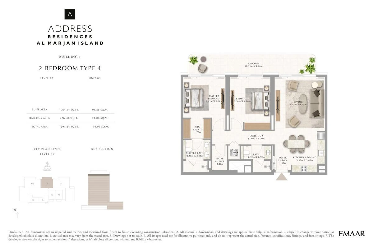 Address Residences Al Marjan Island 2-bedroom Type 4 apartment Level 17 floor plan in Building 1, 1,291.24 sq ft.