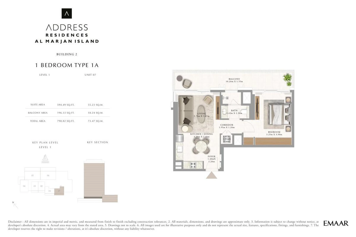 Address Residences Al Marjan Island 1-bedroom Type 1A apartment Level 1 floor plan in Building 2, 790.82 sq ft.