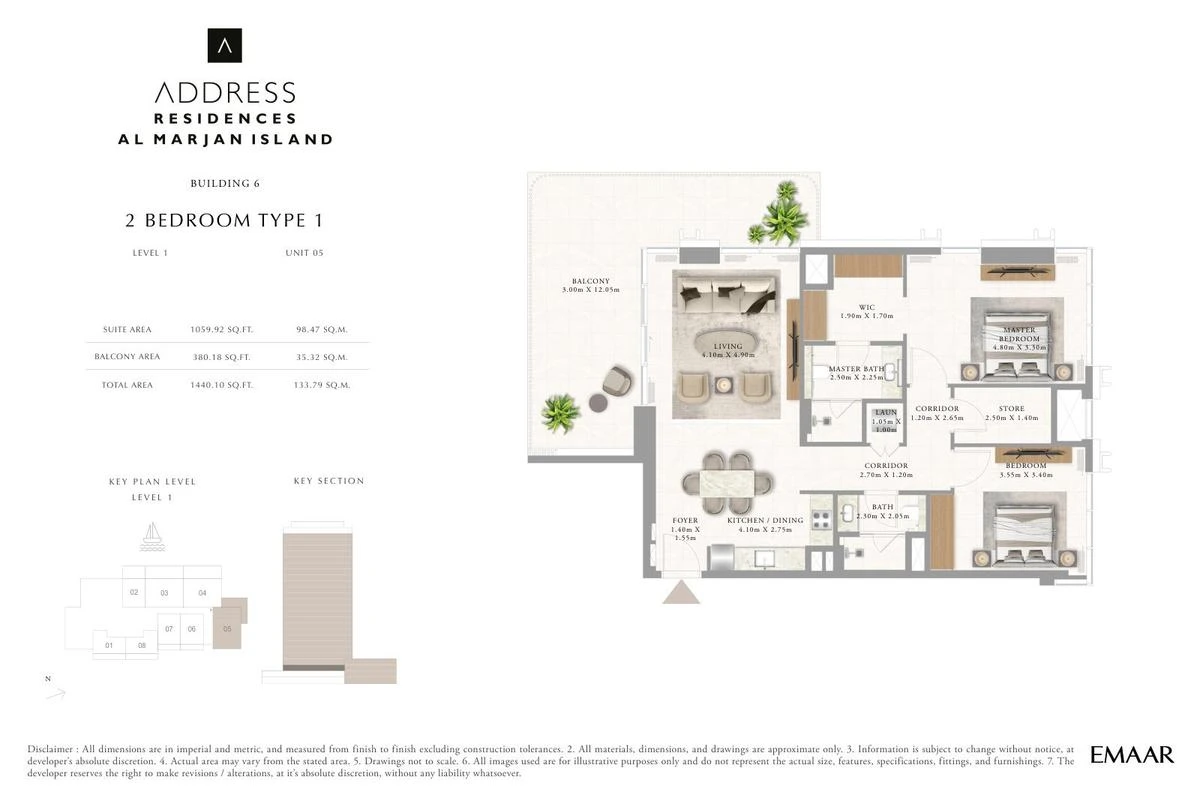 Address Residences Al Marjan Island 2-bedroom Type 1 apartment Level 1 floor plan in Building 6, 1,440.10 sq ft.