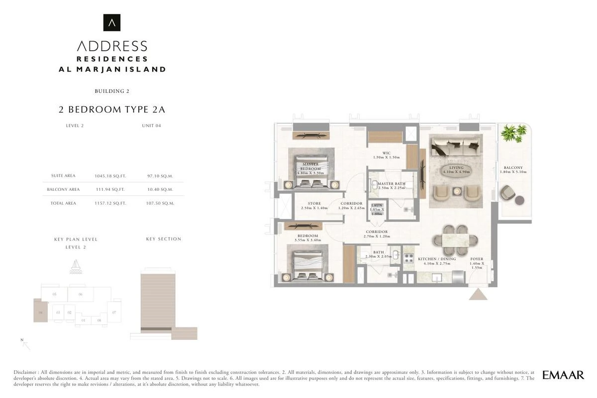 Address Residences Al Marjan Island 2-bedroom Type 2A apartment Level 2 floor plan in Building 2, 1,157.12 sq ft.