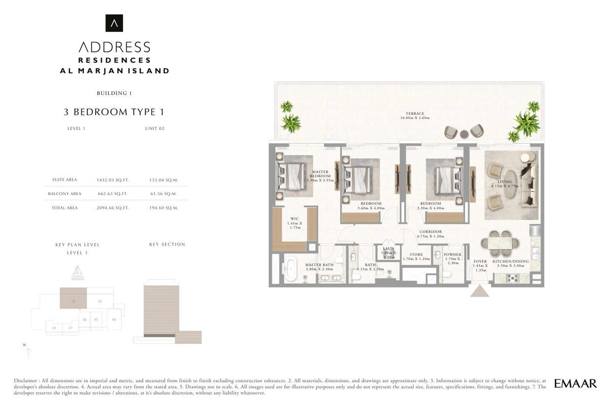 Address Residences Al Marjan Island 3-bedroom Type 1 apartment Level 1 floor plan in Building 1, 2,094.66 sq ft.