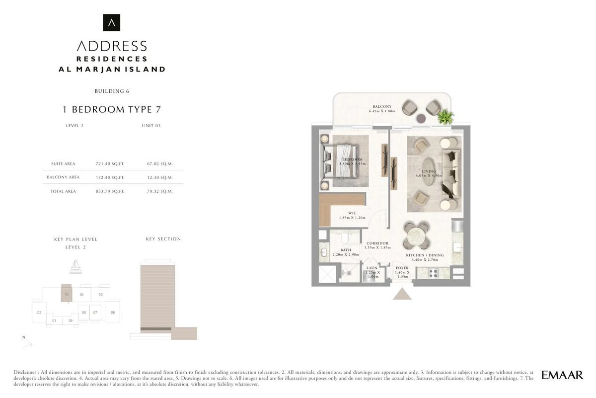 Address Residences Al Marjan Island 1-bedroom Type 7 apartment Level 2 floor plan in Building 6, 853.79 sq ft.