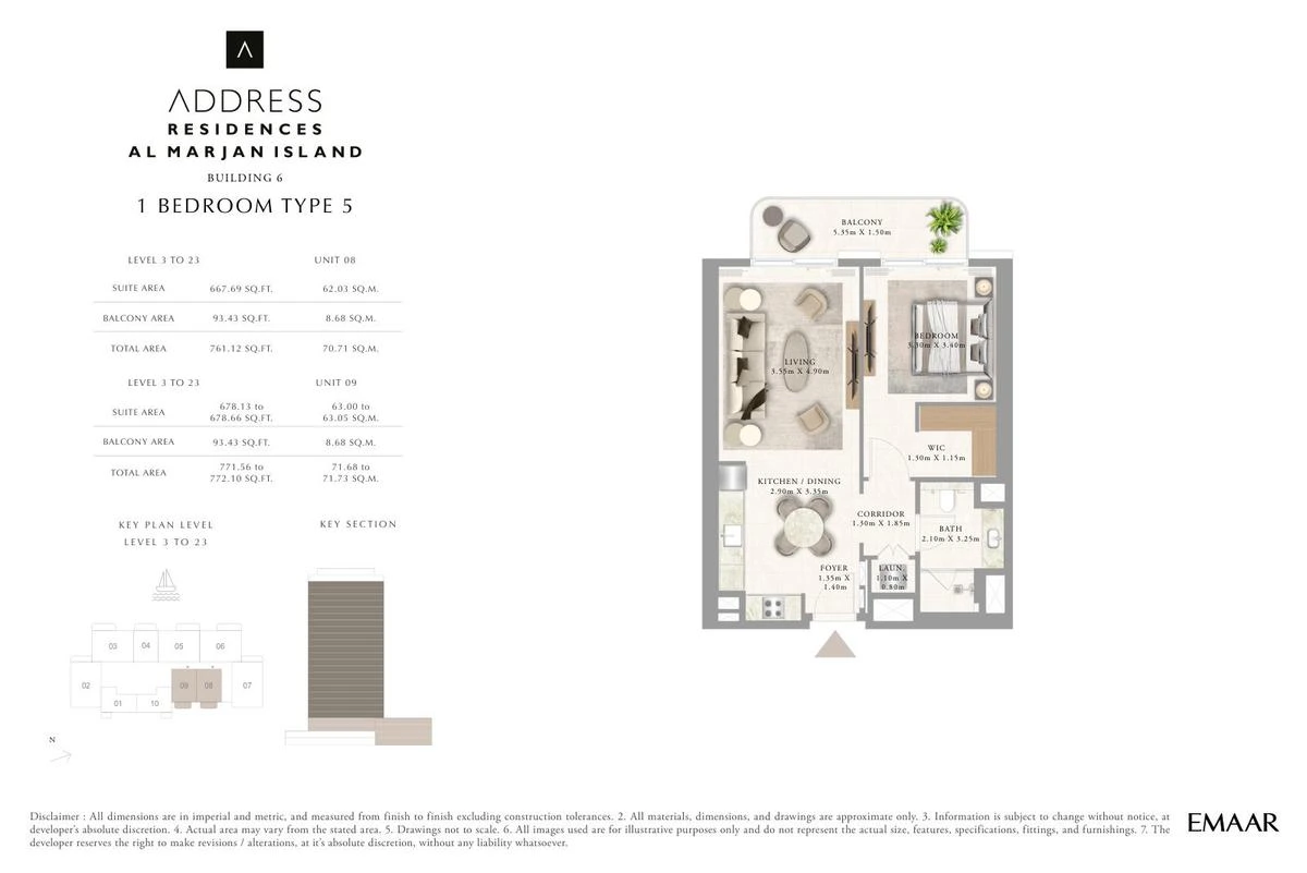 Address Residences Al Marjan Island 1-bedroom Type 5 apartment Level 3 to 23 floor plan in Building 6, 761.12-772.10 sq ft.