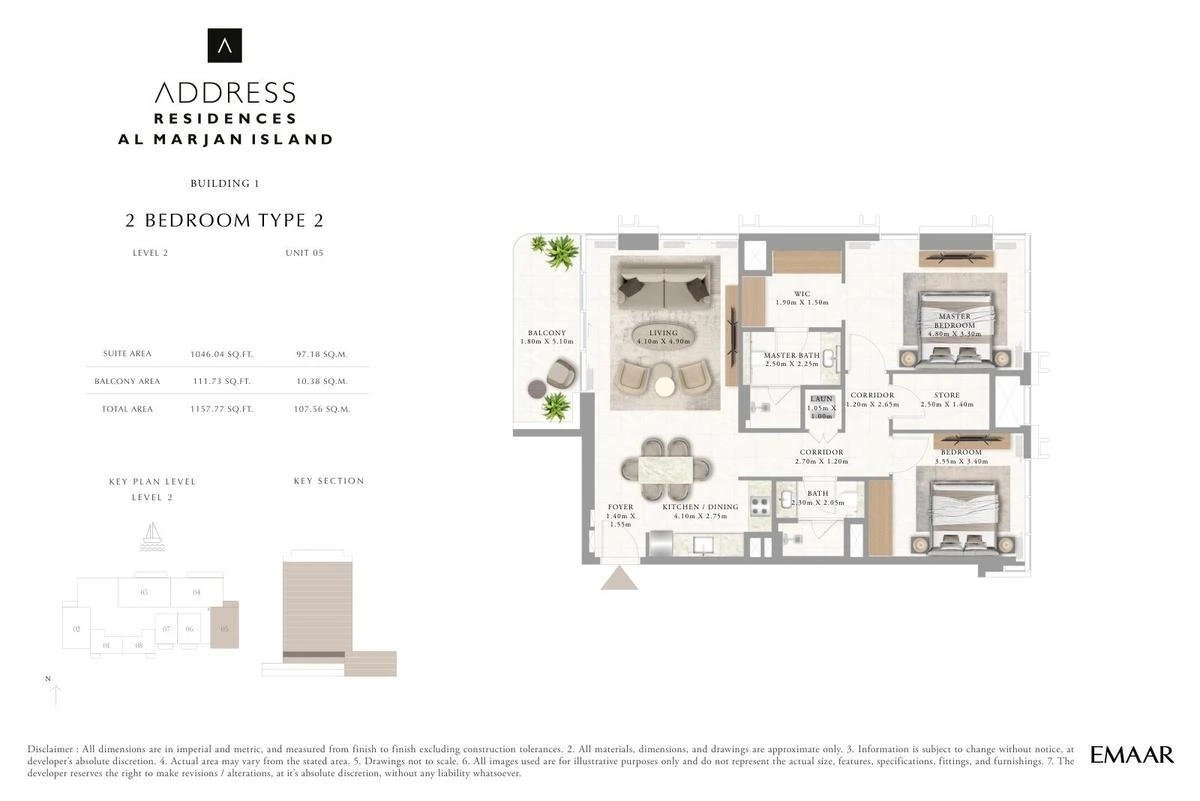 Address Residences Al Marjan Island 2-bedroom Type 2 apartment Level 2 floor plan in Building 1, 1,157.77 sq ft.