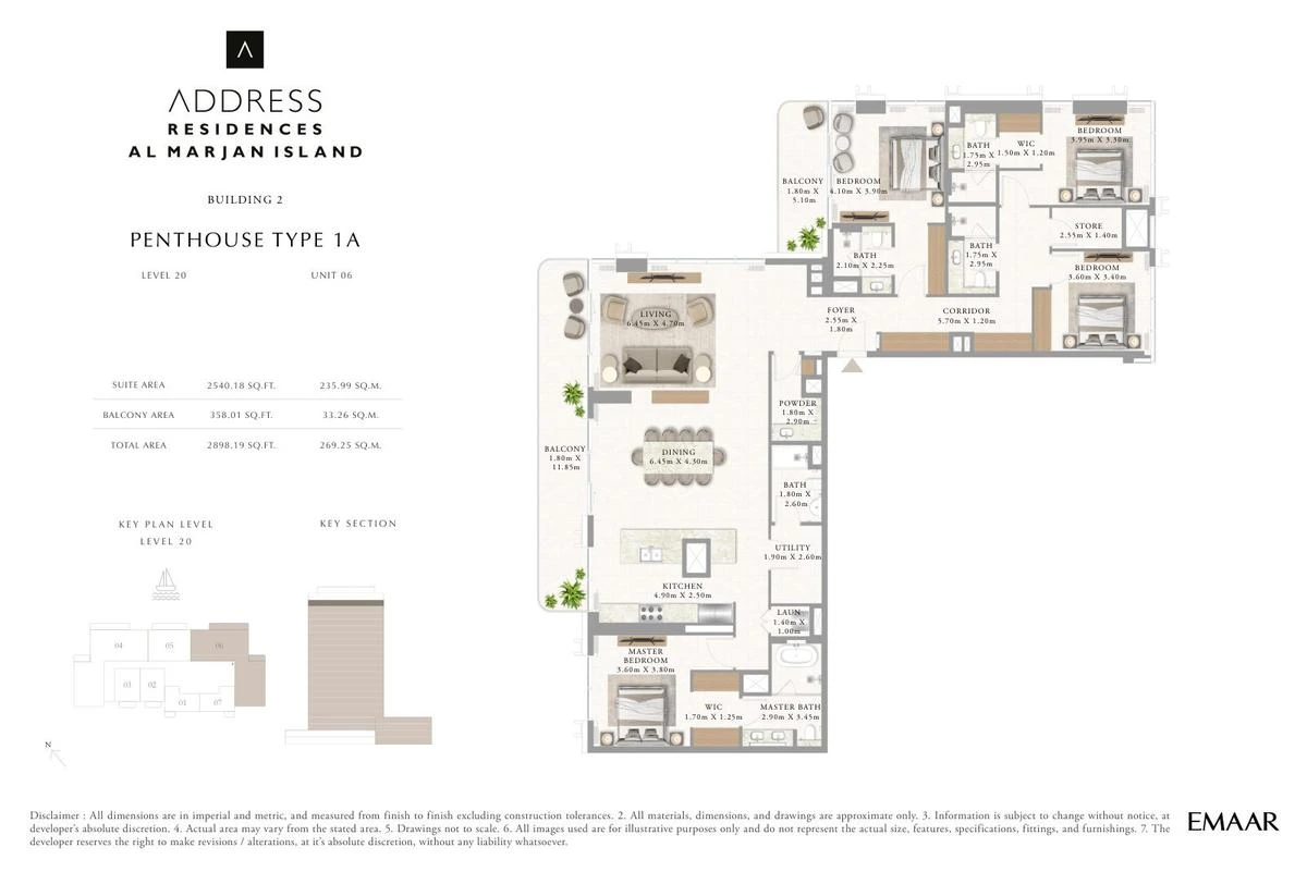 Address Residences Al Marjan Island 4-bedroom Penthouse Type 1A apartment Level 20 floor plan in Building 2, 2,898.19 sq ft.