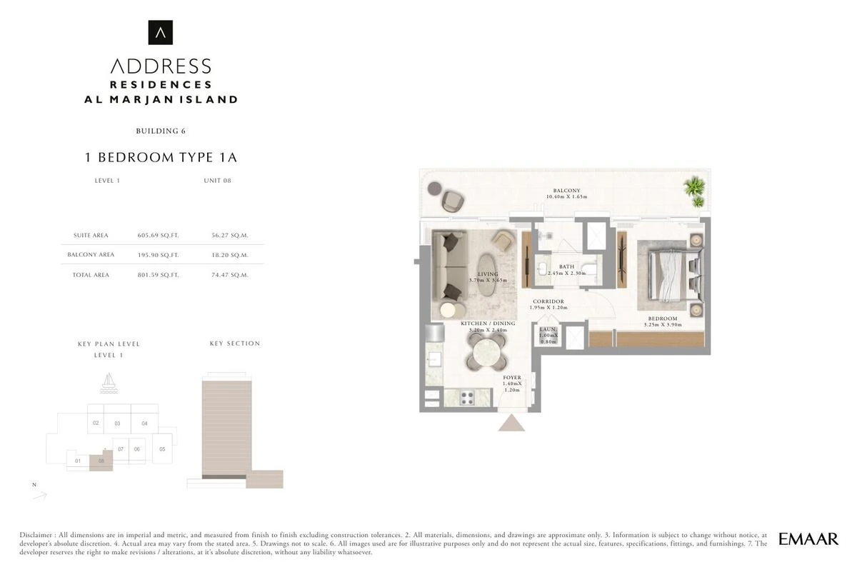 Address Residences Al Marjan Island 1-bedroom Type 1A apartment Level 1 floor plan in Building 6, 801.59 sq ft.