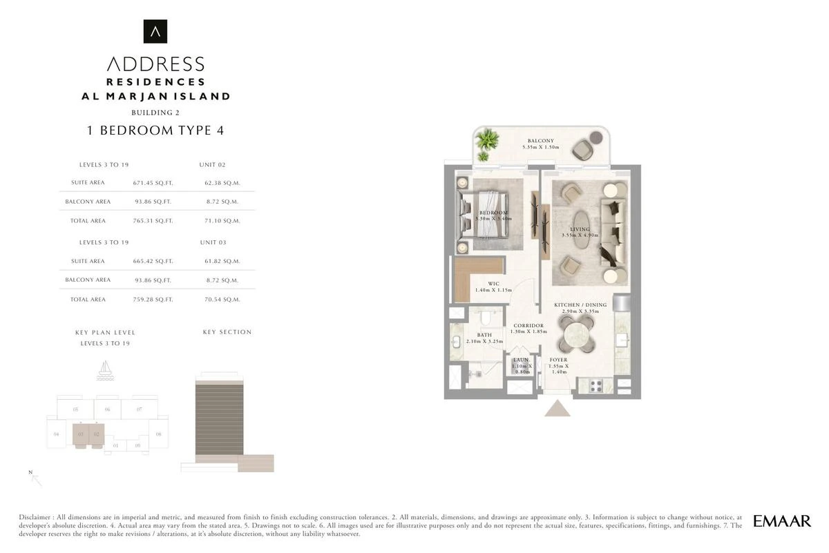 Address Residences Al Marjan Island 1-bedroom Type 4 apartment Level 3 to 19 floor plan in Building 2, 759.28-765.31 sq ft.