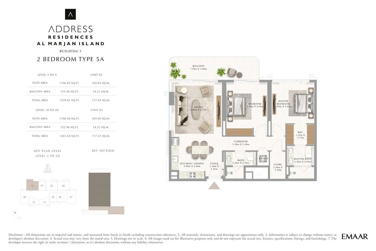 Address Residences Al Marjan Island 2-bedroom Type 5A apartment Levels 3 to 9 and 10 to 20 floor plan in Building 5, 1,259.81-1,261.64 sq ft.