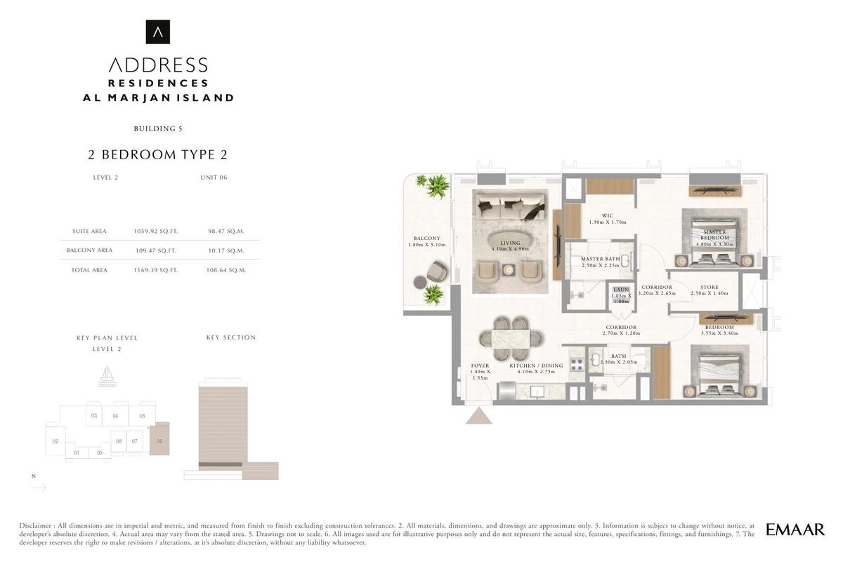 Address Residences Al Marjan Island 2-bedroom Type 2 apartment Level 2 floor plan in Building 5, 1,169.39 sq ft.