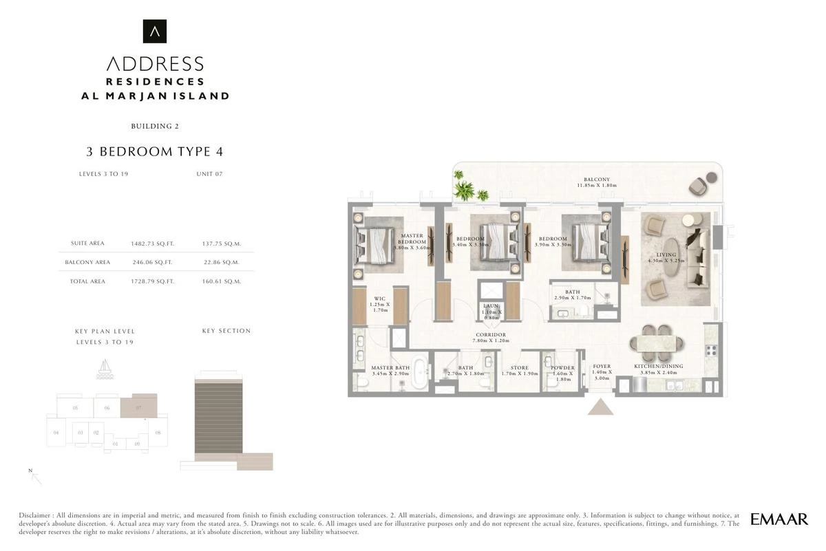 Address Residences Al Marjan Island 3-bedroom Type 4 apartment Level 3 to 19 floor plan in Building 2, 1,728.79 sq ft.