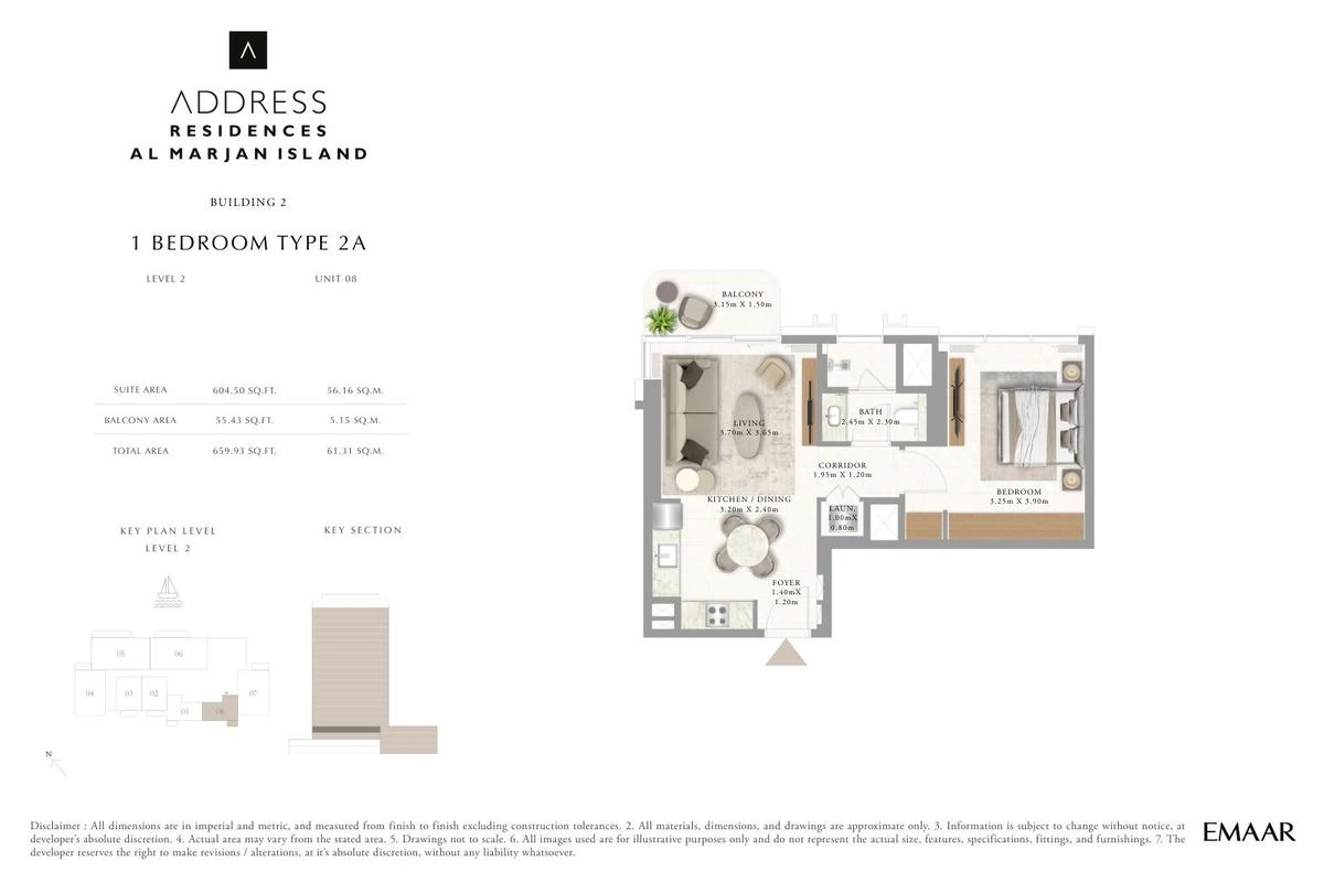 Address Residences Al Marjan Island 1-bedroom Type 2A apartment Level 2 floor plan in Building 2, 659.93 sq ft.