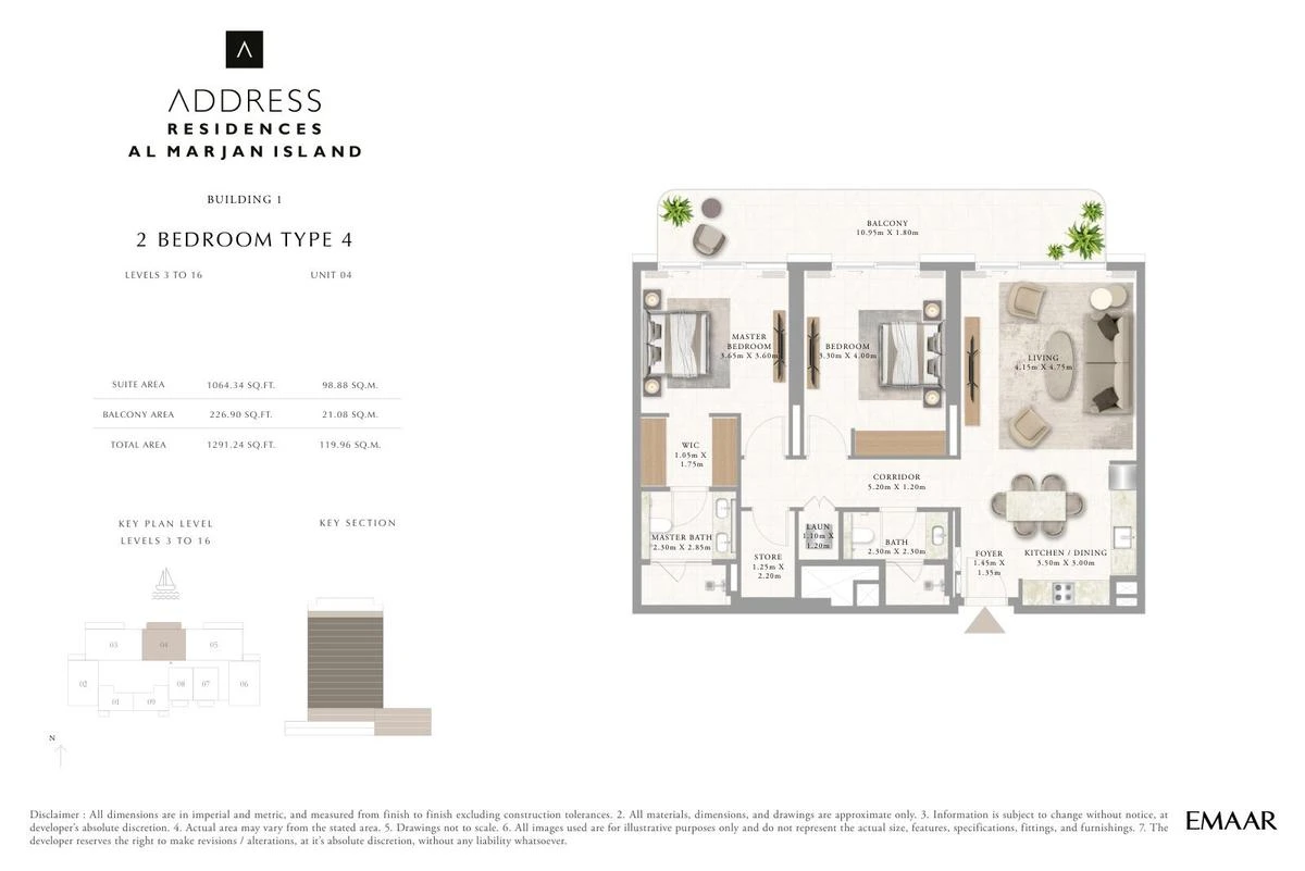 Address Residences Al Marjan Island 2-bedroom Type 4 apartment Level 3 to 16 floor plan in Building 1, 1,291.24 sq ft.