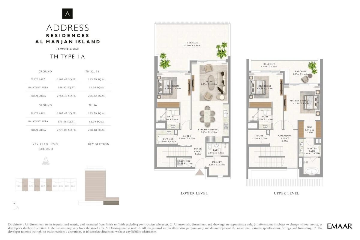 Address Residences Al Marjan Island 3-bedroom Type 1A townhouse floor plan for Townhouses C TH32, TH34 and TH36, Ground and First Floors, 2,764.39-2,779.03 sq ft.