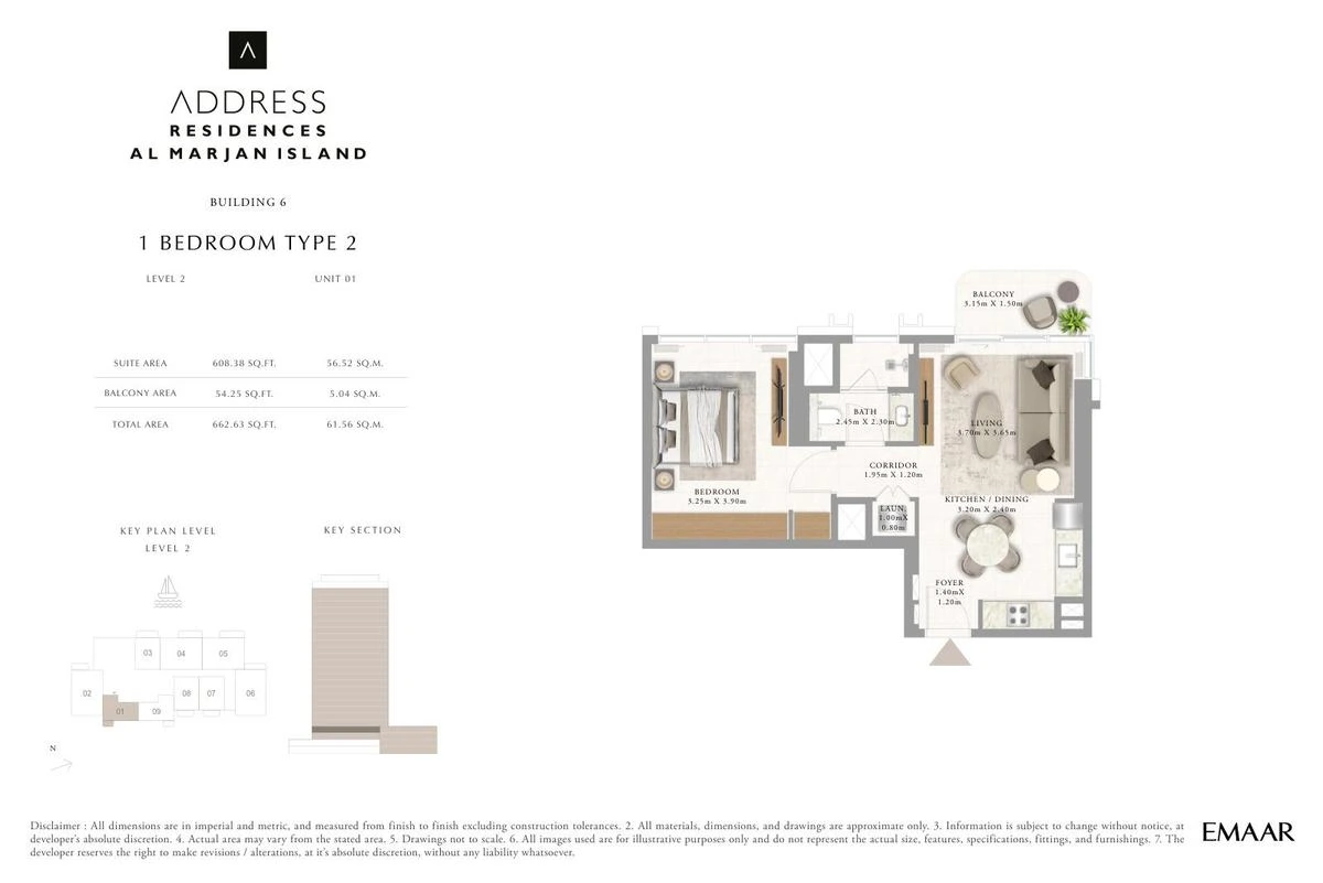 Address Residences Al Marjan Island 1-bedroom Type 2 apartment Level 2 floor plan in Building 6, 662.63 sq ft.