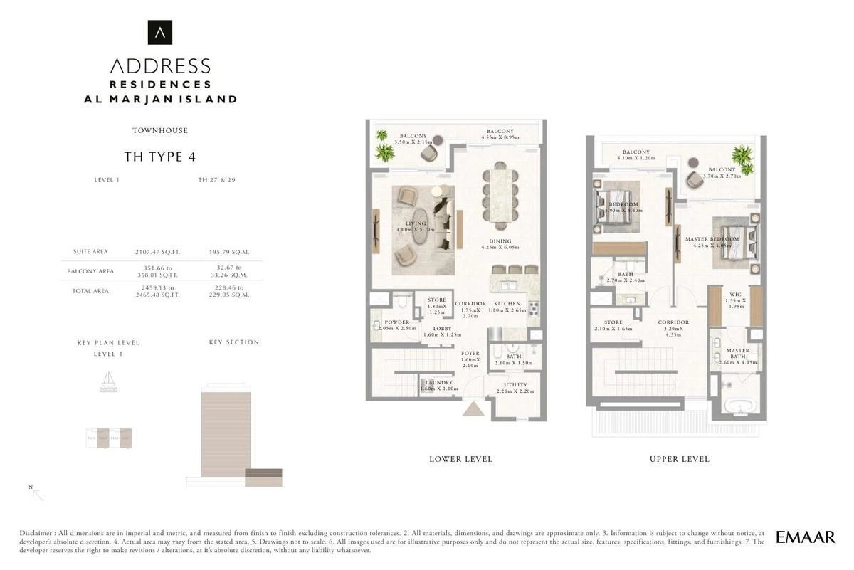 Address Residences Al Marjan Island 3-bedroom Type 4 townhouse floor plan for Townhouses B TH27 and TH29, Ground and First Floors, 2,459.13-2,465.48 sq ft.