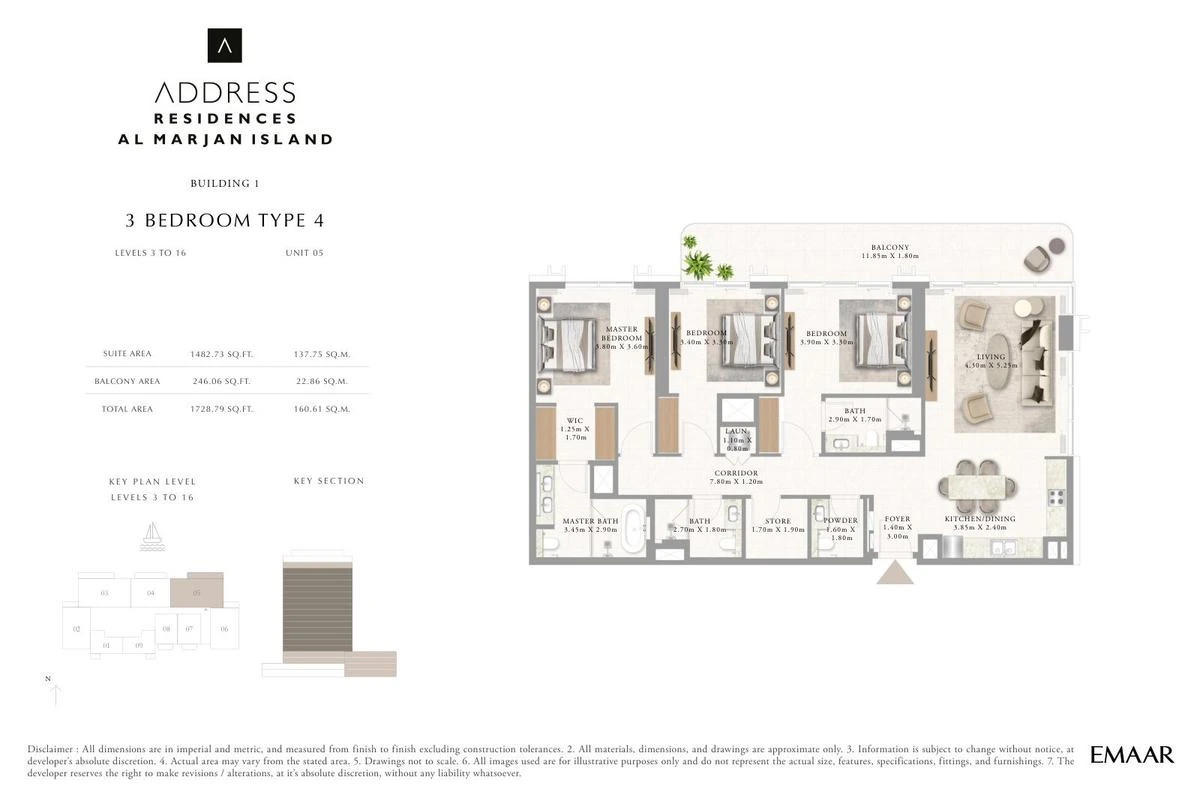 Address Residences Al Marjan Island 3-bedroom Type 4 apartment Level 3 to 16 floor plan in Building 1, 1,728.79 sq ft.