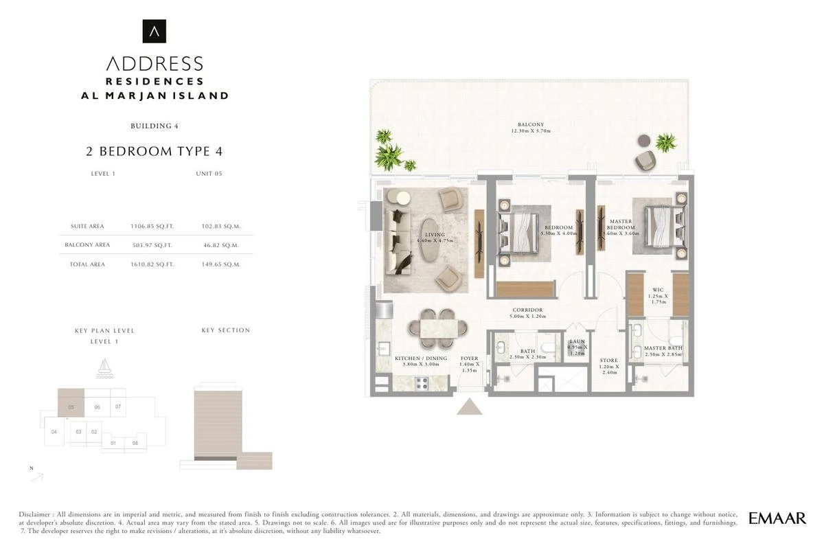 Address Residences Al Marjan Island 2-bedroom Type 4 apartment Level 1 floor plan in Building 4, 1,610.82 sq ft.
